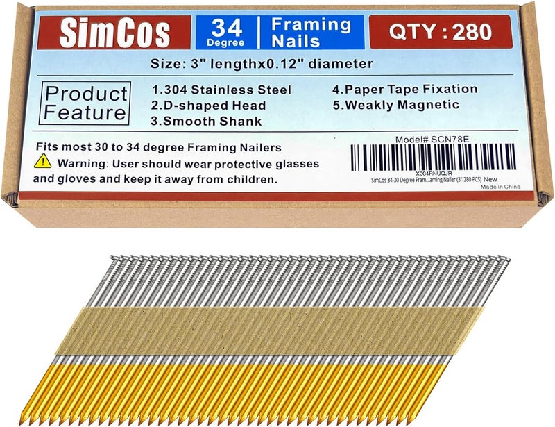 SimCos 34-30 Degree Framing Nails 304 Stainless Steel D Head Paper Tape Strip Nails for 30 to 34 degree Framing Nailer (3"-280 PCS) - Image 1